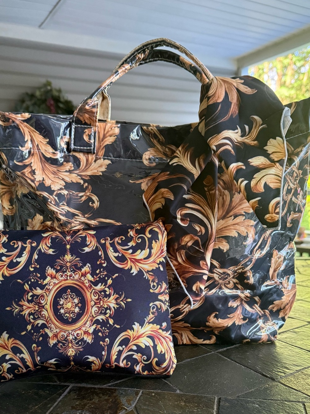 New For Fall-  Baroque handbag with matching linen makeup case and scarf.